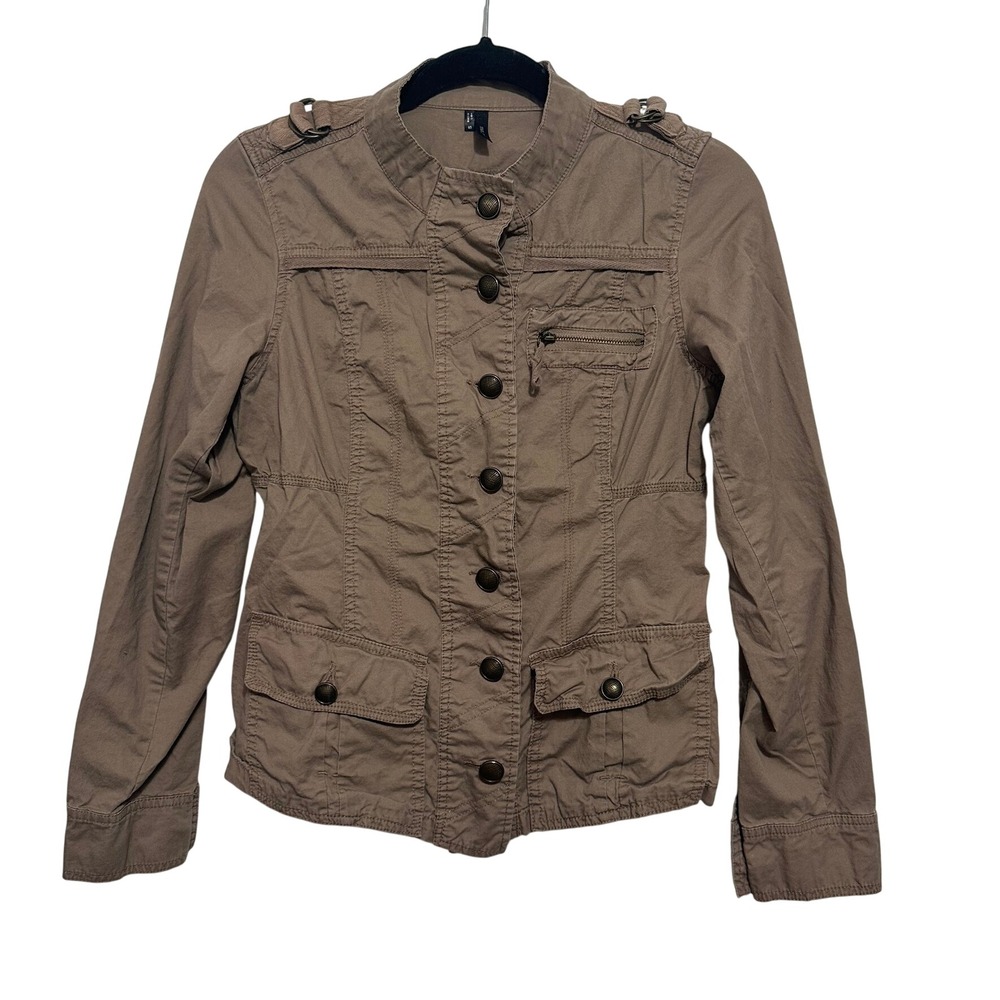 Maurices Utility Jacket Womens Small Brown Military Mock Neck Button Up Jacket